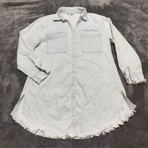 Collection by Cezele Light Wash Denim Fringe Hem Button Down Shirt Dress M
